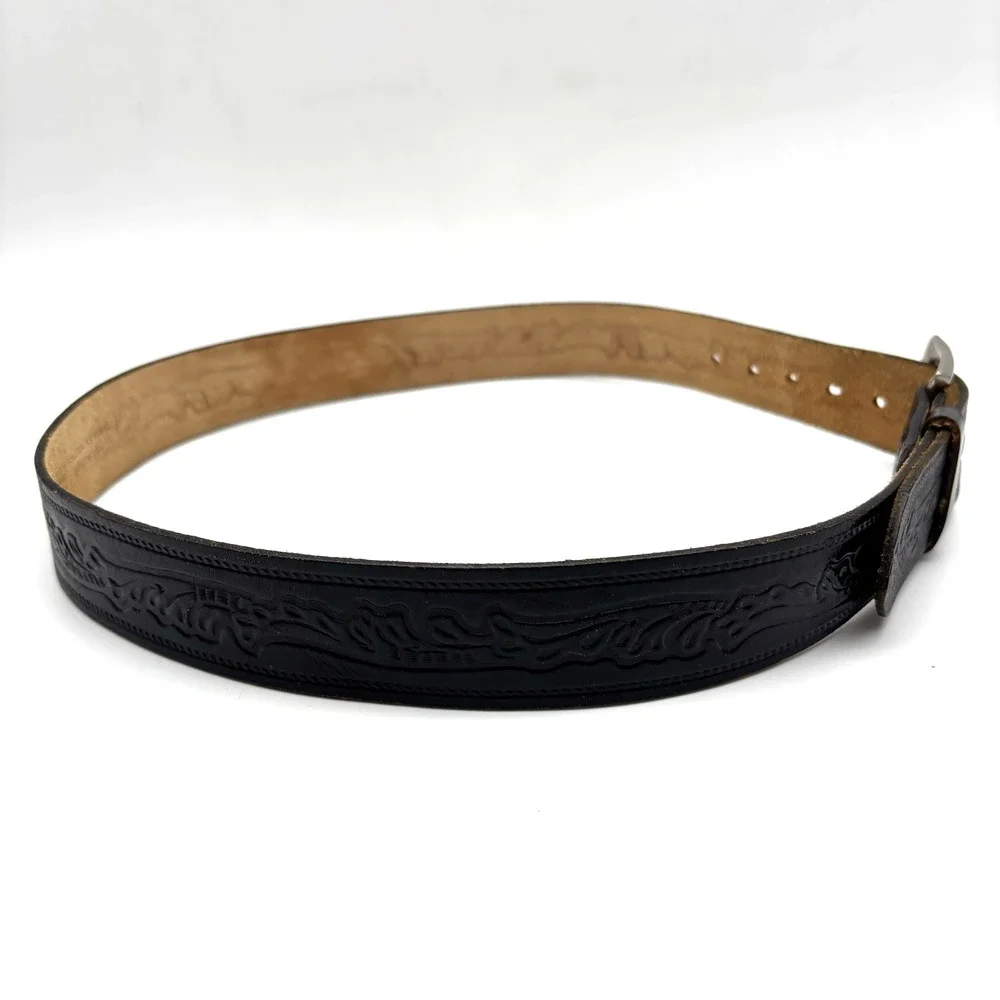 1970s Levi's 2235 Black Steerhide Floral Scrollwork Tooled Belt 34 Made in USA